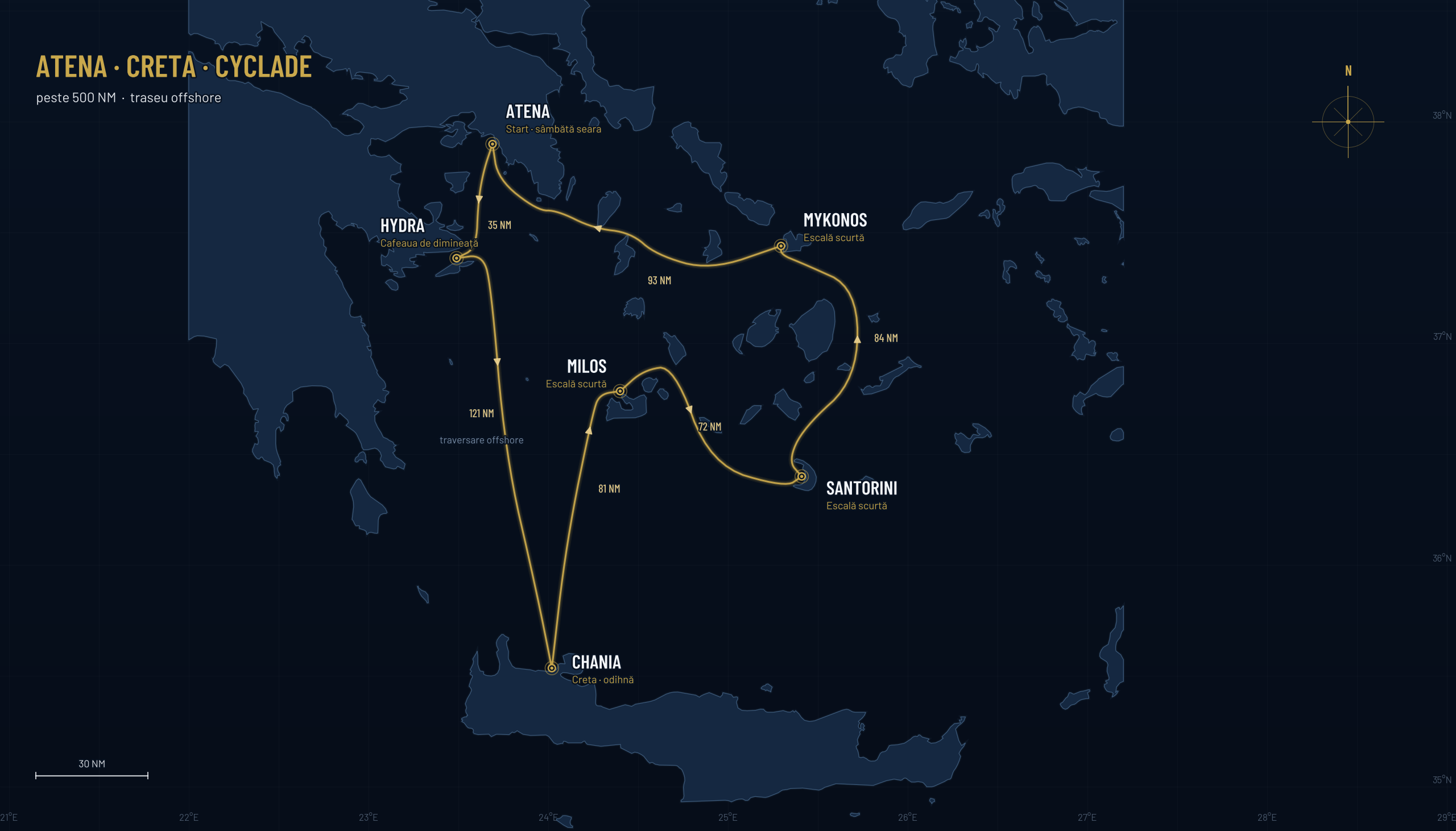 Harta traseului expediției: Atena - Creta - Ciclade - Atena